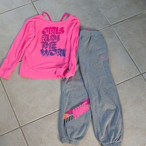 Nike Pink Graphic Gray Joggers With Hot Pink Top Girls Size 10 Set